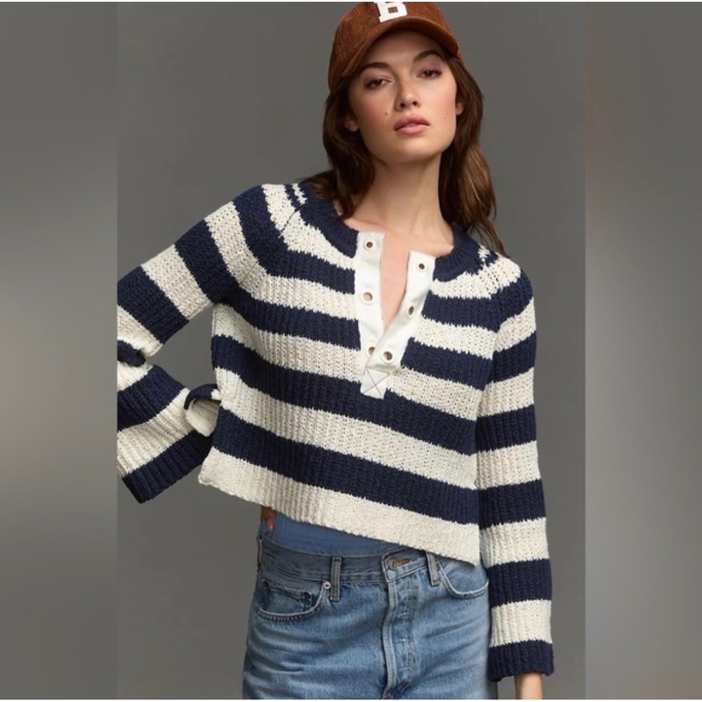 Anthropologie PILCRO Bell Sleeve‎ Henley Sweater Striped Knit nautical Small Top